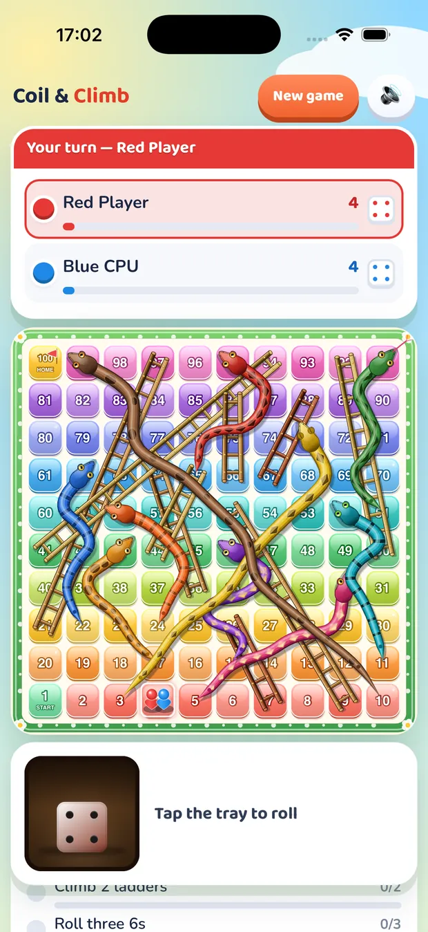 A match in progress: ten patterned snakes and nine timber ladders over the rainbow grid, with a turn card showing both players.