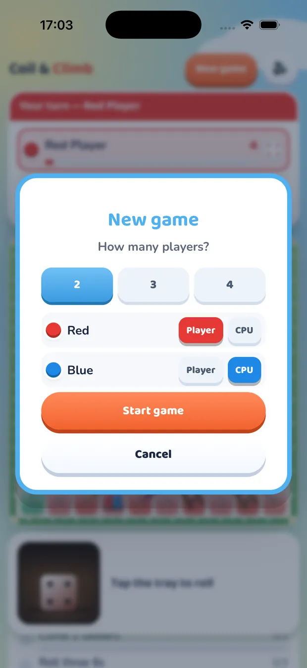The New game sheet: choose two, three or four players and set each seat to Player or CPU.
